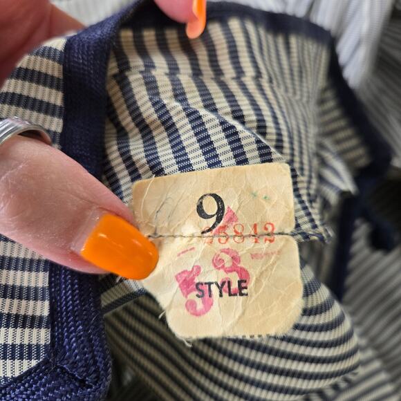 Vintage handmade striped dress 50s 60s XXS petite high neck blue cream ivory - Picture 4 of 15